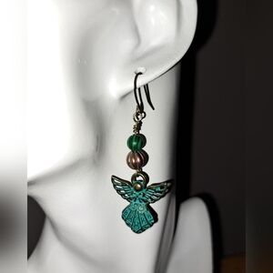 Handmade Boho Green Patina Bronze & Malachite Angel Dangle Earrings